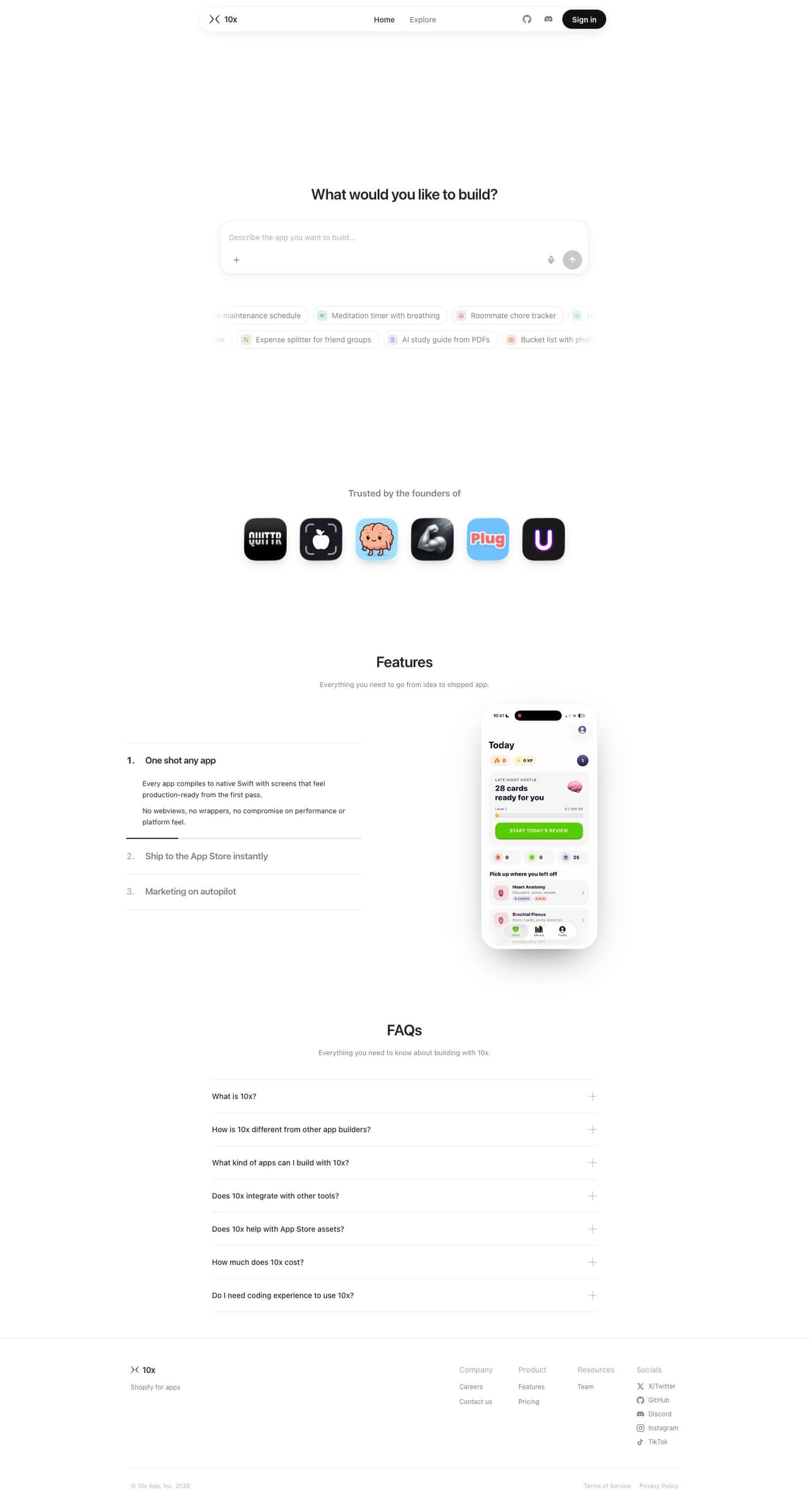 Full landing page of 10x