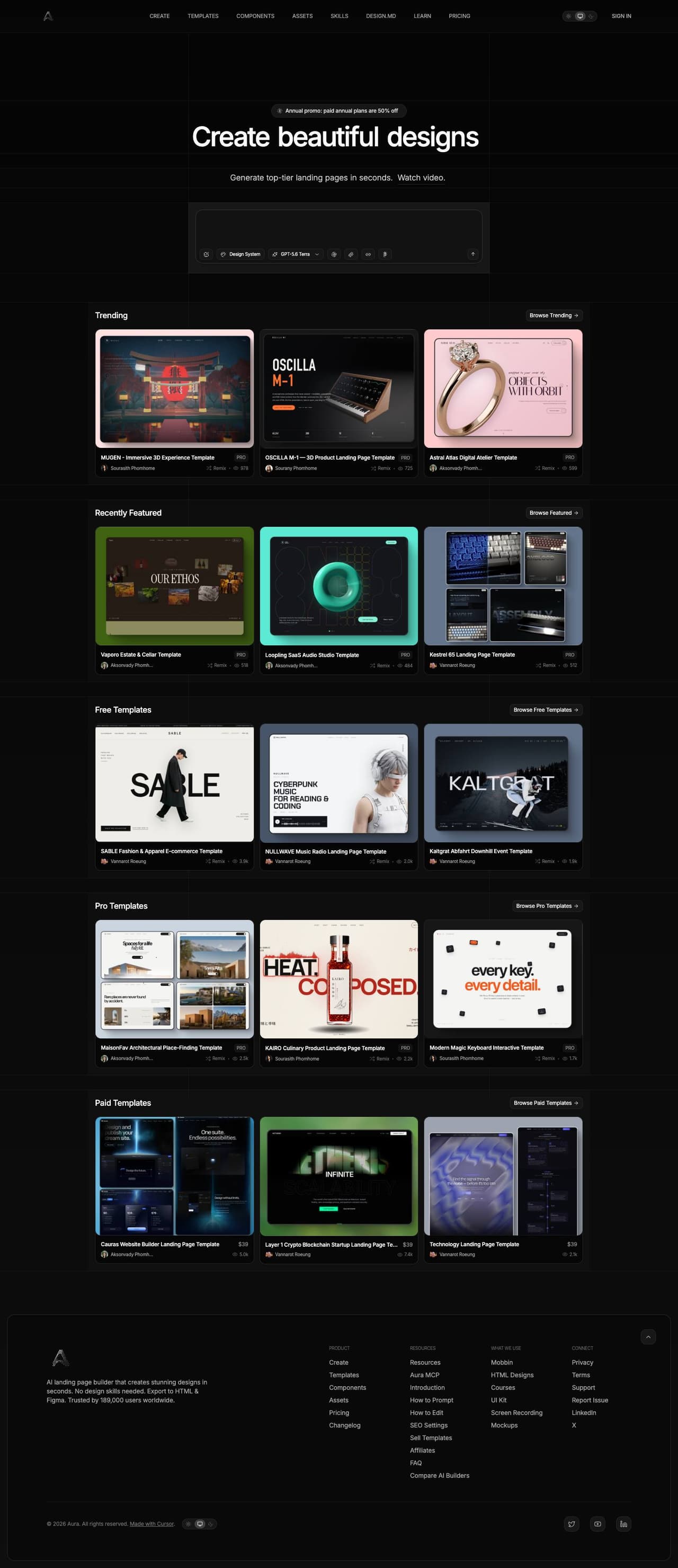 Full landing page of Aura Build