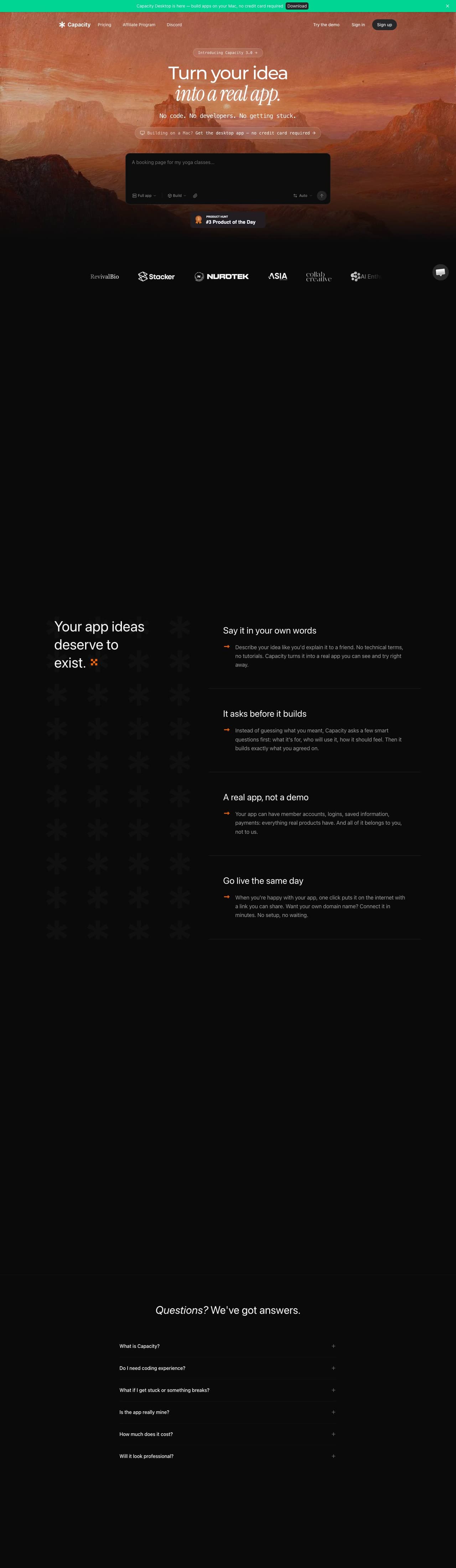 Full landing page of Capacity
