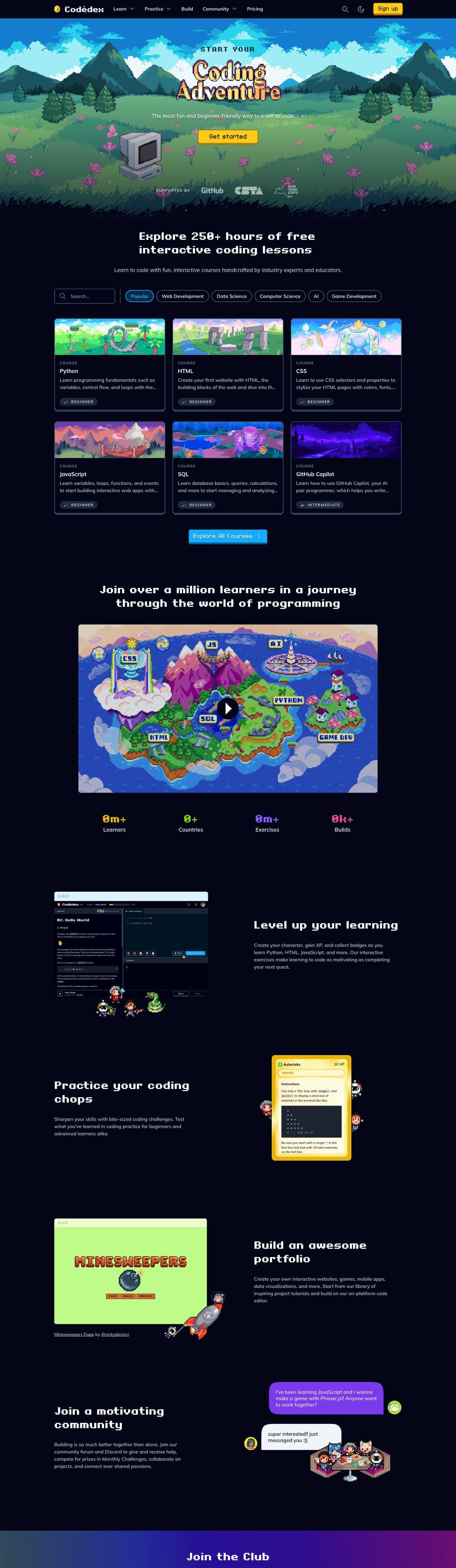 Full landing page of Codedex