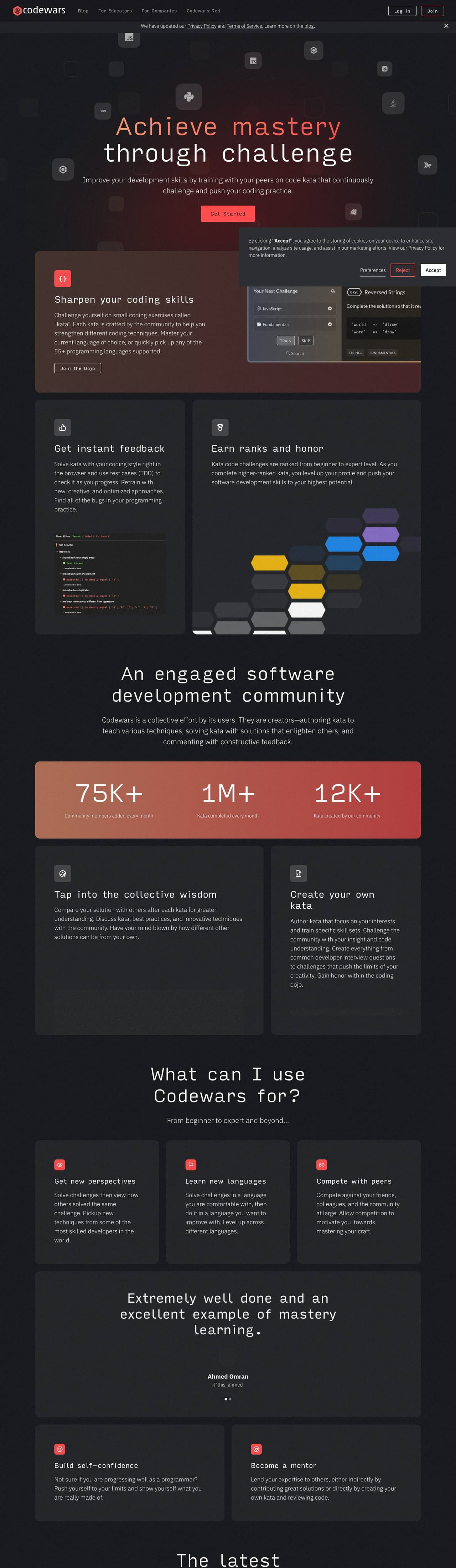 Full landing page of Codewars