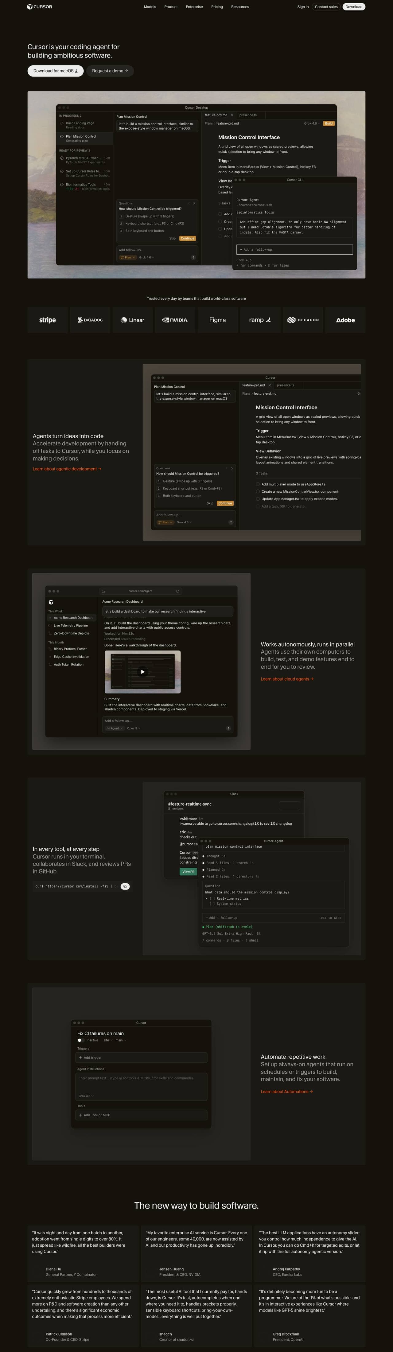 Full landing page of Cursor