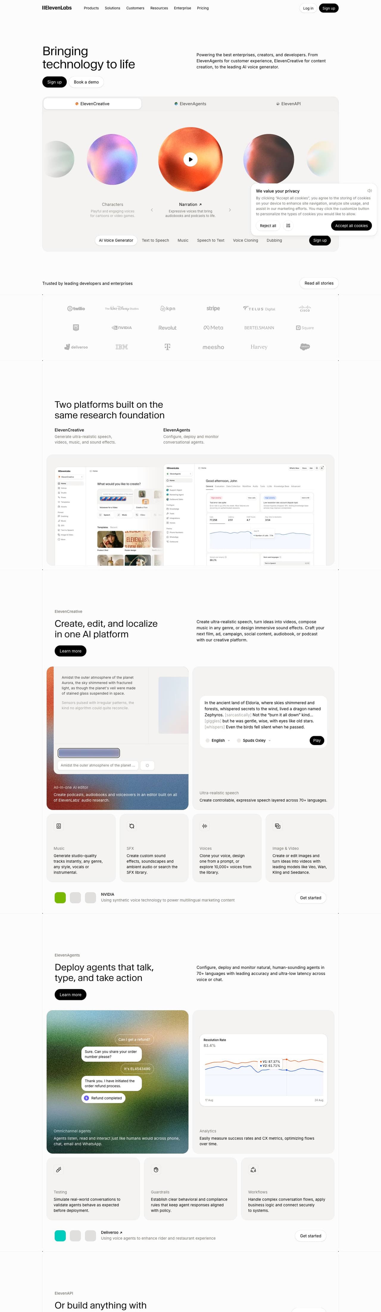 Full landing page of ElevenLabs