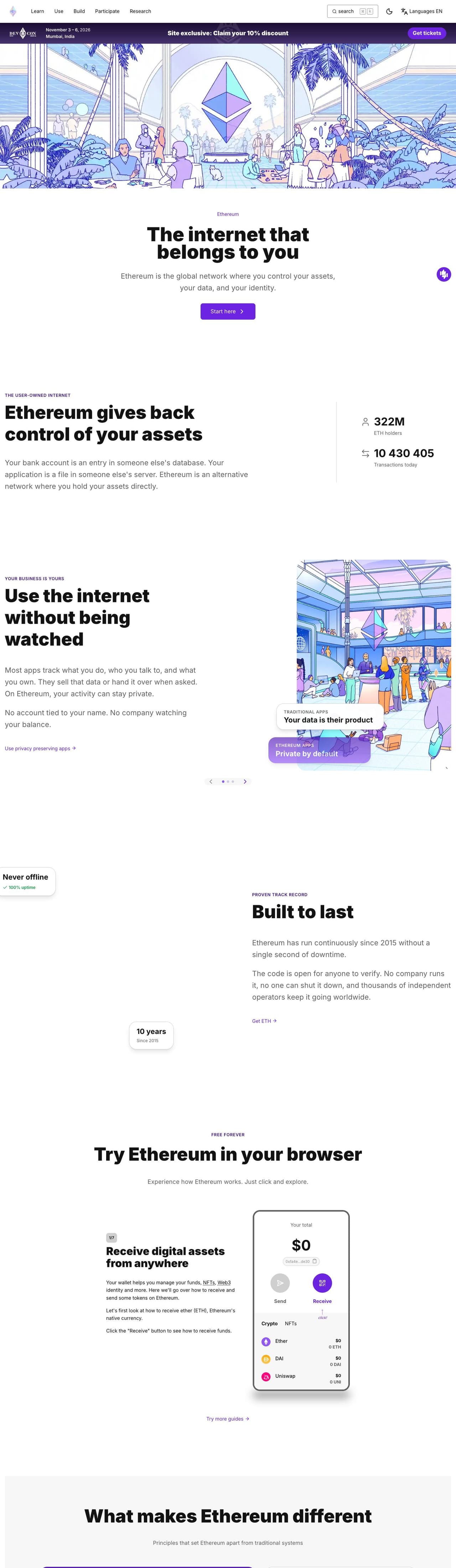 Full landing page of Ethereum