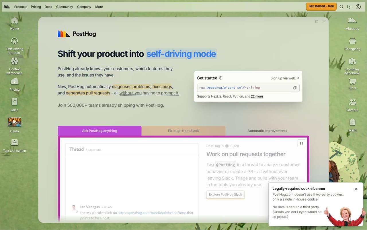 Full landing page of PostHog