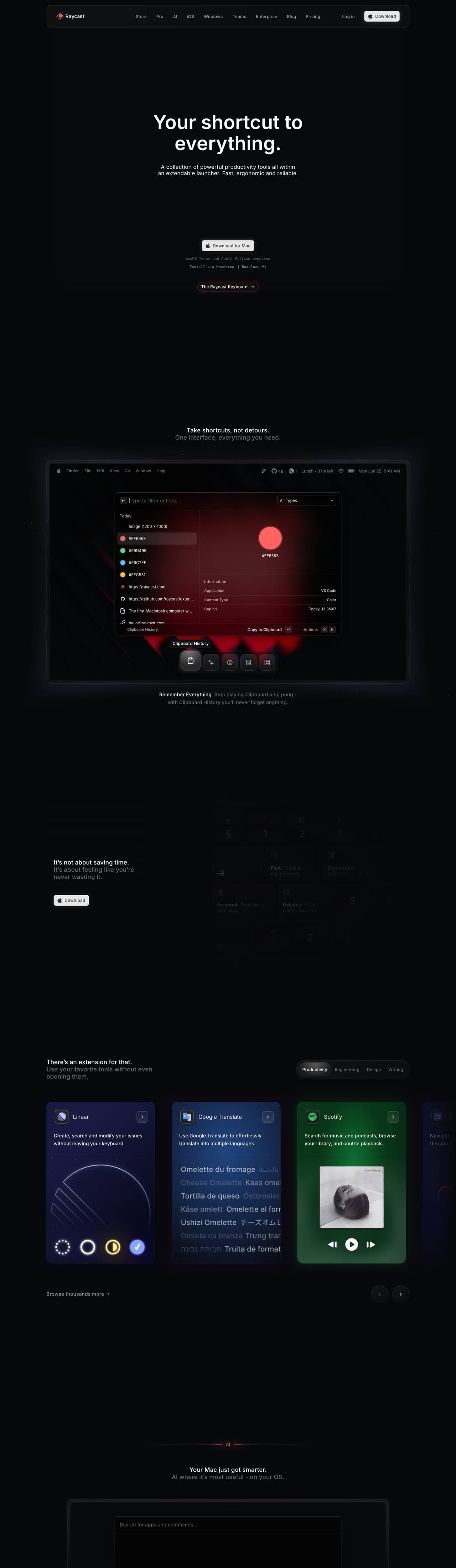Full landing page of Raycast
