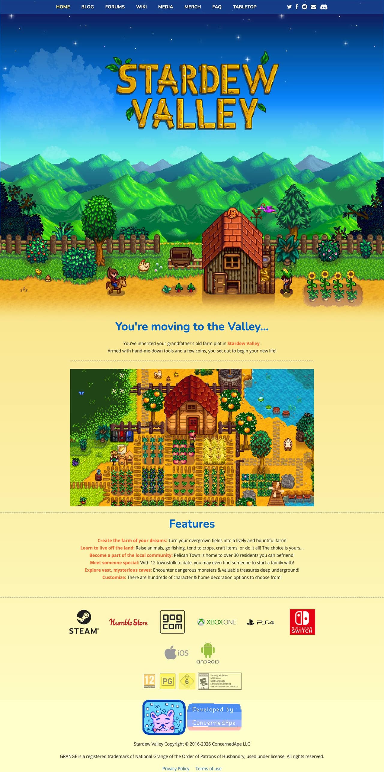 Full landing page of Stardew Valley