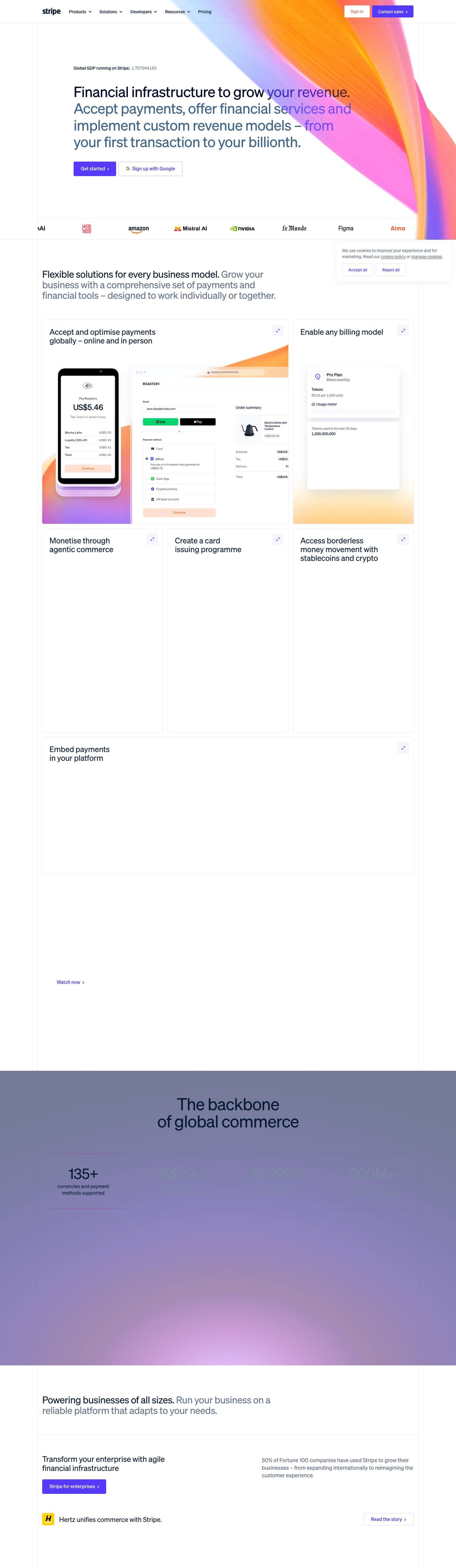 Full landing page of Stripe