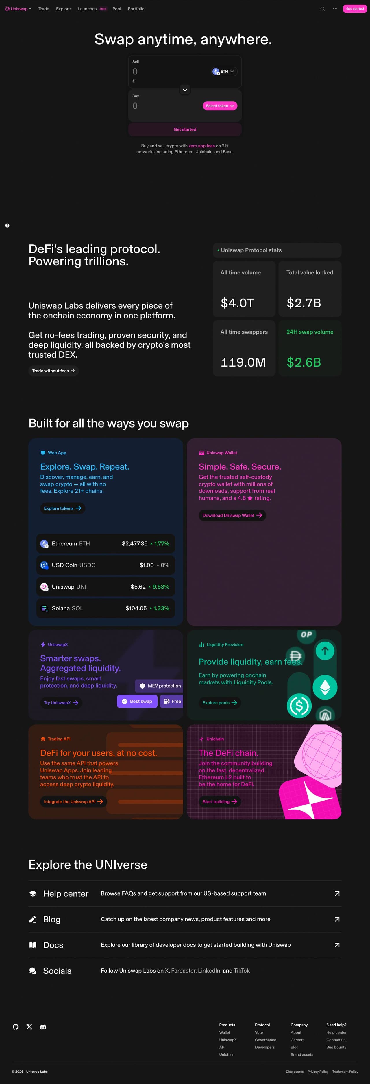 Full landing page of Uniswap