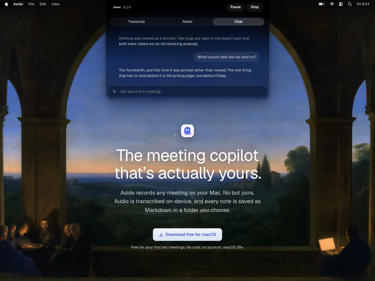 Homepage screenshot of Aside Meetings