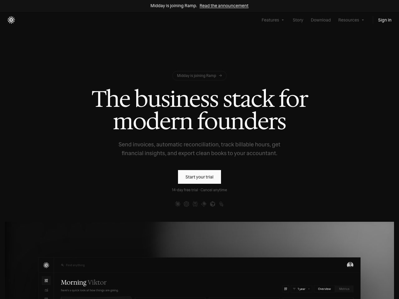 Homepage screenshot of Midday