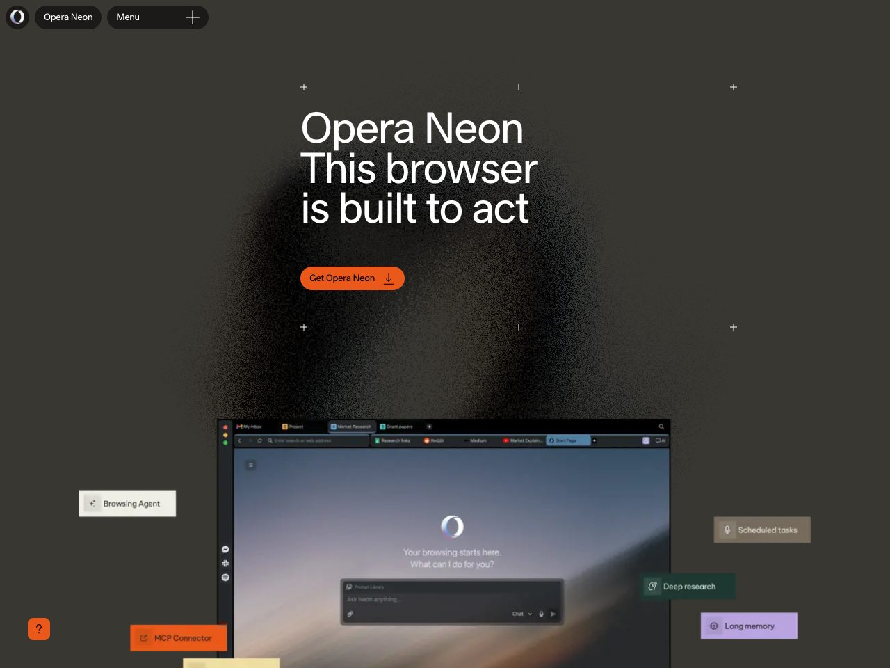 Homepage screenshot of Opera Neon