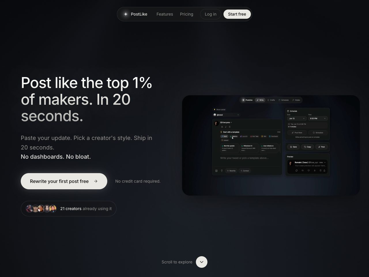 Homepage screenshot of PostLike