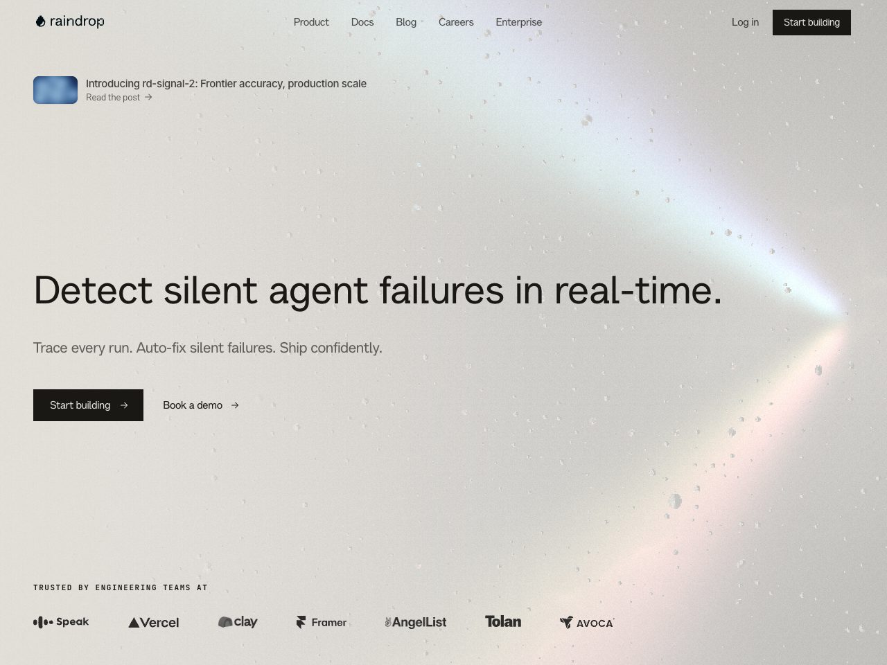 Homepage screenshot of Raindrop AI