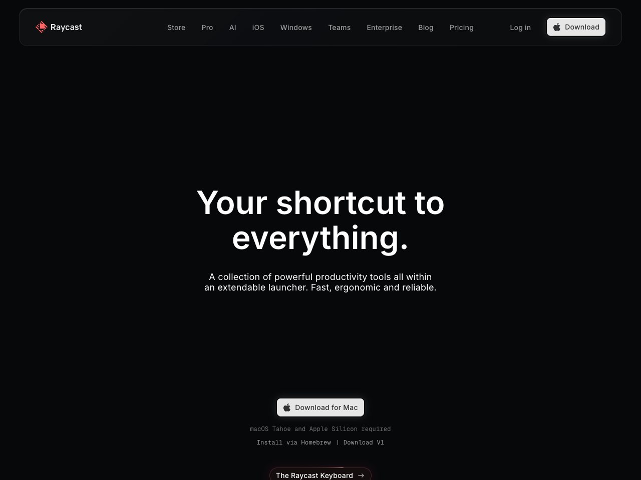 Homepage screenshot of Raycast